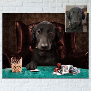 Custom portrait of pet playing poker from your photos | Personalized gift for Christmas. Trendy home decor.