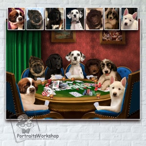 Custom poker art for pet lovers. Funny pets playing cards portrait. Digital poker pet illustration.