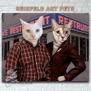 Personalized pet illustration TV show theme. Custom Seinfeld pet art. Seinfeld Poster with cats pet lover gift