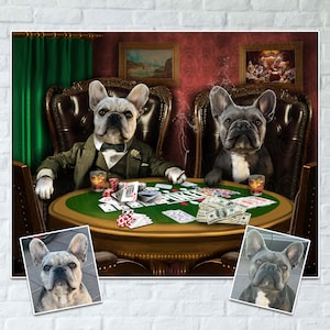 Custom portrait dogs playing poker - Personalized Gift for Pet Lovers - 2 pet portraits digital download - cats playing poker picture