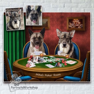 Custom portrait of dogs playing poker | cats playing poker | funny pet lover gift | portrait from your photos | art dogs and cats.