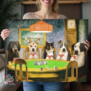 Custom Multiple Dogs and Cats Portrait playing poker. Funny Personalized Dog Pictures.