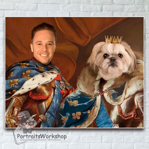 Custom Royal portrait of a dog with its owner funny pet lover gift portrait from your photos personalized Birthday Gift.