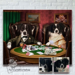 Pets playing poker custom art. Funny pet painting poker game. Unique gift for poker lovers.