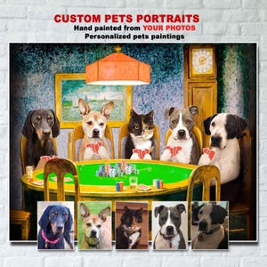 Custom multiple pets portraits playing poker. Custom portrait of the classic Coolidge picture with 7 pets in it. Decor for the playroom.