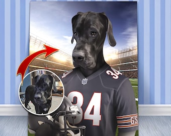 May include: A digital portrait of a black Great Dane wearing a Chicago Bears football jersey with the number 34. The dog is set against a stadium backdrop, with a smaller inset image of the dog.