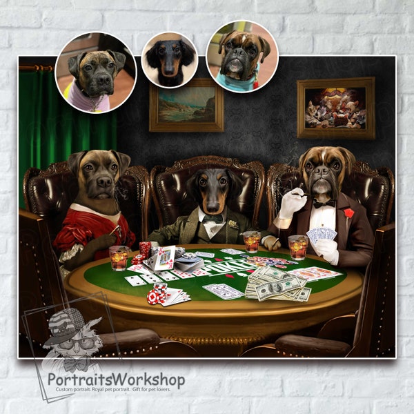 Portrait d'animal de compagnie personnalisé, chiens jouant au poker, animal de compagnie jouant au poker, chiens en smoking et robe avec un cigare et des cartes. Jeux d'argent avec des chiens et des chats.