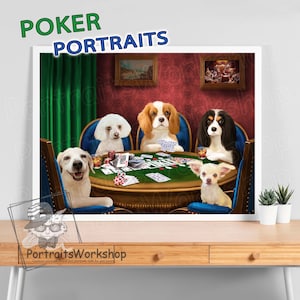 Custom dog portrait from your photos cats playing poker funny pet lover gift pets playing poker poker lover gift.