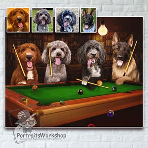 Custom portrait of pets playing pool from your photos | pet playing poker | Personalized gift for husband. Trendy home decor.