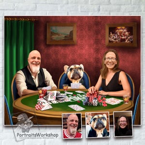 Custom portrait of a pet with its owners playing poker. A gift for poker lovers.