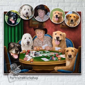 Custom pet portrait with owner Dogs Playing Poker Pet Playing Poker Funny Pet Lover Gift Gambling Dogs and Cats.