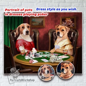 Custom Portrait of pets in dresses playing poker Dogs Playing Poker Pet Playing Poker Funny Pet Lover Gift Portrait from your photos.
