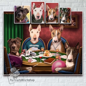 Custom portrait of dogs and cats playing poker | Pet Playing Poker | Funny Pet Lover Gift | Portrait from your photos.