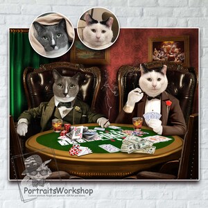 Custom Portrait cats Playing Poker | Pet Playing Poker | Personalized gift for Husband. Trendy home decor.