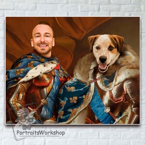 Custom Portrait of a dog with its owner. in knight's armor funny Pet Lover Gift Portrait from your photos personalized Birthday Gift.