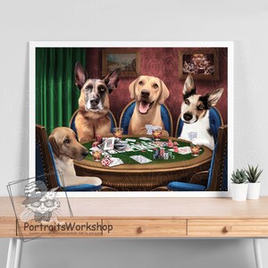 Custom portrait of pets playing poker from your photos | Pet Playing Poker | Personalized gift for husband. Trendy home decor.