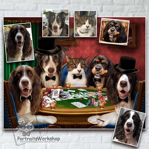 Custom portrait of dogs and cats playing poker Pet Playing Poker Funny Pet Lover Gift Portrait from your photos Gambling Dogs and Cats.