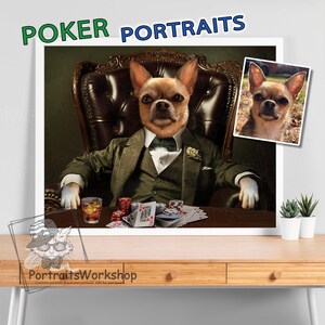 Custom pet portrait playing poker from your photos | Personalized birthday gift for lovers. Funny dog pic.