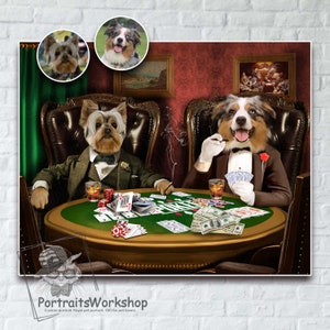Custom portrait of playing dogs. A funny gift for a dog lover. Custom Portrait of Dogs Playing Poker  from photos.