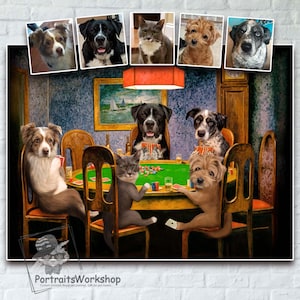 Custom pet portrait from photos | Coolidge picture Pets Playing Poker | Personalized gift for Christmas. Trendy home decor.