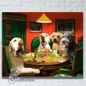 Funny pets playing cards portrait. Custom Pet Portrait Bold Bluff. The art of playing poker. Pet portrait inspired by Dogs Playing Poker