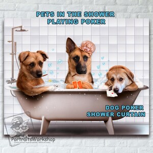 Retrato personalizado de mascotas jugando al póker duchándose. Decoración caprichosa para mascotas, regalo para amantes de los animales, arte mural para el hogar, idea de regalo única.