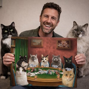 Custom Dog Cat Poker Portrait from Photo, Funny Multi Pet Portrait, Dogs Playing Poker Canvas, Personalized Man Cave Decor, Royal Pet Art