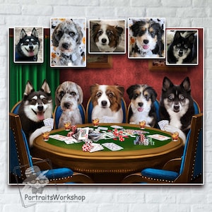 Custom portrait of dogs and cats playing poker. Personalized pet gift for poker fans. Poker-themed pet portrait gift.