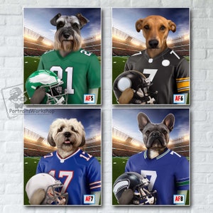 Custom portrait of your favorite football team's pet  Dog in uniform of your favorite American football player Football lover gift.