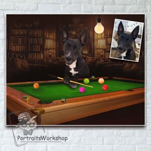 Custom portrait pets playing pool | Funny pets playing pool portrait. Wall Art home decor.