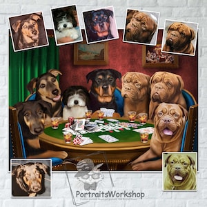 Custom Pet Portrait, Dogs Playing Poker, Pet Playing Poker, Funny Pet Lover Gift, Portrait from your photos, Gambling Dogs and Cats.