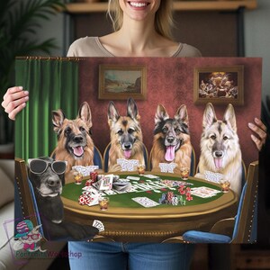 Custom painting of dogs sitting at a table playing poker. Multiple Dogs Portrait. Funny Personalized Dog Pictures.