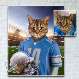 Custom cat dog portrait of Detroit Lions Uniform - Detroit lions cat - Custom portrait of your favorite football team's pet.