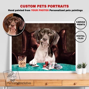 Custom Pet Portrait from photos | Dogs and cats Playing Poker | Personalized gift for Christmas. Trendy home decor.