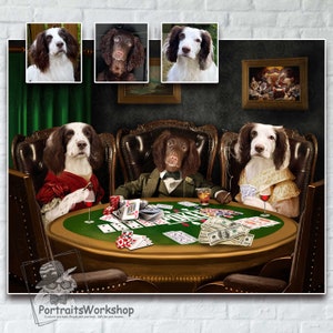 Custom portrait of pet playing poker as a gift for husband Dogs Playing Poker Pets in a tuxedo and a dress with a cigar and cards.