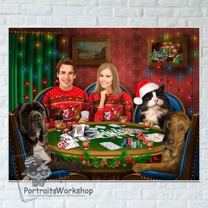 Custom Portrait cats dogs And Owner playing poker.  Poker gift, Pet Portrait. Funny Pet Lover Gift. Portrait from your photos.
