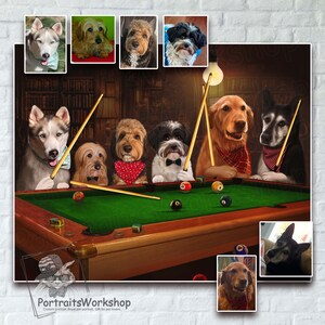 Custom portrait of pets playing pool from your photos. Personalized pet gift for pool fans. Unique gift for mom dad lover pets.