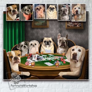 Custom portrait pets playing poker from photos | portrait cats playing poker | Personalized gift for husband. Trendy home decor.