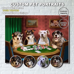 Custom pets portraits dogs playing poker. Multiple portrait with pets. Funny dog lover gift Personalized pet art.