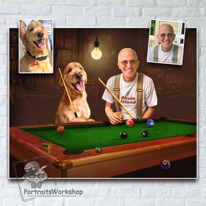 Custom pet portrait with owner playing pool birthday gift for him custom pet portrait as a gift funny dogs and cats playing poker