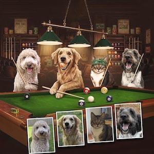 May include: A digital illustration of a pool table with four animals: a light-colored dog, a golden retriever holding a billiard ball, a cat wearing a green visor, and a dark-haired dog. Four framed photographs of these pets are displayed below.