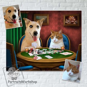Custom Pet Portrait Dogs Playing Poker Pet Playing Poker Funny Pet Lover Gift Portrait from your photos Gambling Dogs and Cats.