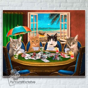 Custom pet art playing poker. Custom pet painting poker scene. Personalized pet gift for poker fans.