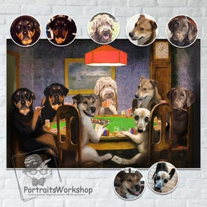 Customizable dogs playing poker. Custom portrait of the classic Coolidge picture with 7 pets in it | Dogs Playing Poker | cat Playing Poker.