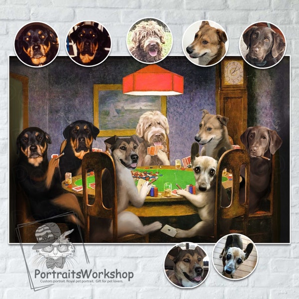 Custom portrait of the classic Coolidge picture with 7 dogs in it. Dogs Playing Poker, Pet Playing Poker, Funny Pet Lover Gift.