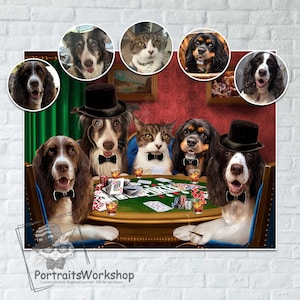 Custom portrait of pets playing poker drawn from your photos. Personalized gift for a pet lover.