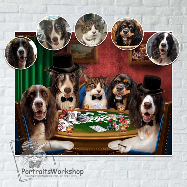 Custom Pet Portrait, Dogs Playing Poker, Pet Playing Poker, Funny Pet Lover Gift, Portrait from your photos, Classic Coolidge picture.