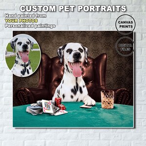Custom pet portraits dogs playing poker. Fathers day gift from dog. Funny pet lover gift Personalized pet art.