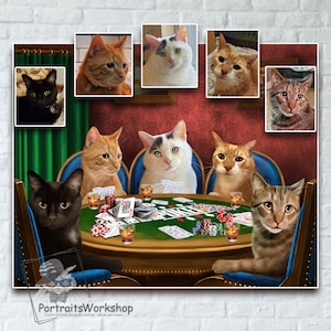 Custom portrait cats playing poker Personalized cats poker painting. Personalized cats gift for poker fans.