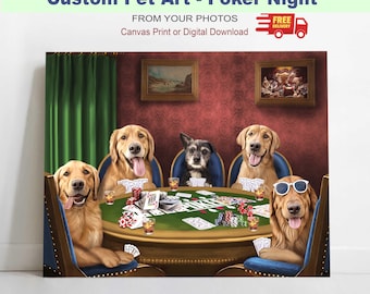 Custom Multi Pet Poker Portrait, Dogs and Cats Playing Cards with Whiskey, Personalized Anniversary Gift for Husband, Funny Game Room Art.